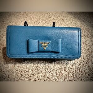 Prada Teal Leather Wallet with Bow Accent